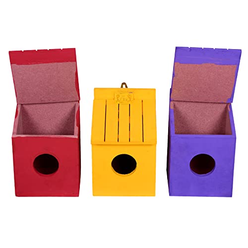 Cket Bird House 3 Piece Combo Nest & Breeding Box Handmade Openable Roof Bird Cage for Sparrow, Budgies and Finches Eco Friendly Wooden Trio Combo(Red-Violet-Yellow / 13 x 11 x 18 CM) - Image 3