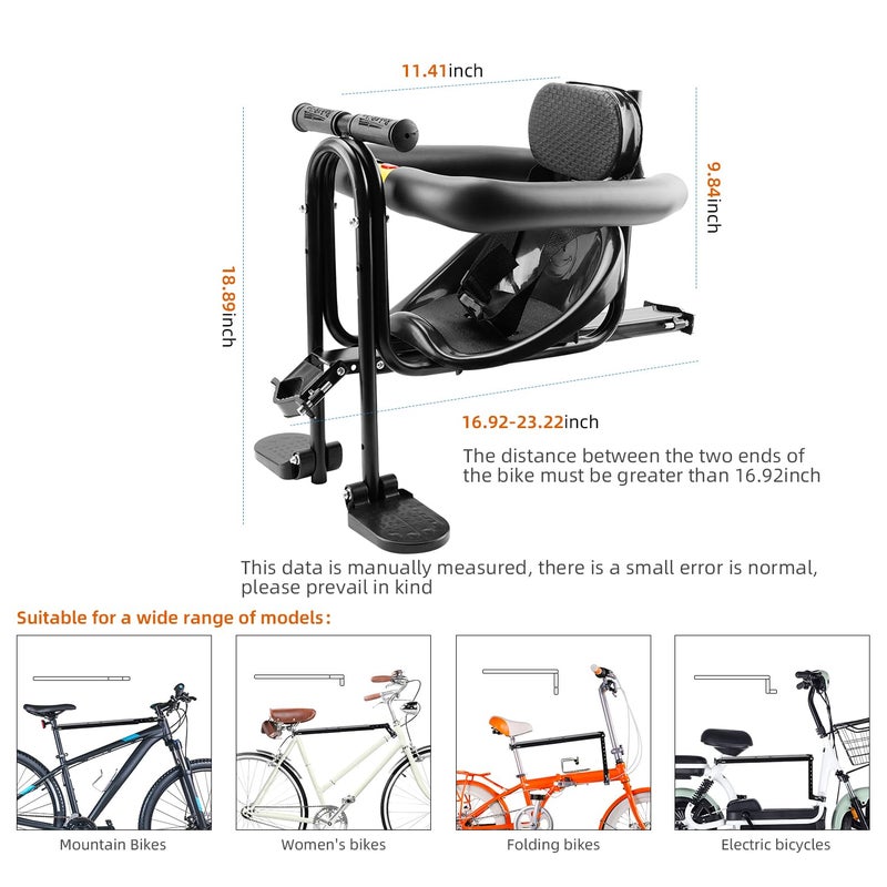 YouTeMei Child Bike Seat, Front Mount Bike Seat for Mountain Bike, Kid Bike Carrier with Handrail Seat Belt and Pedal,PVC Hard Seat - Image 5