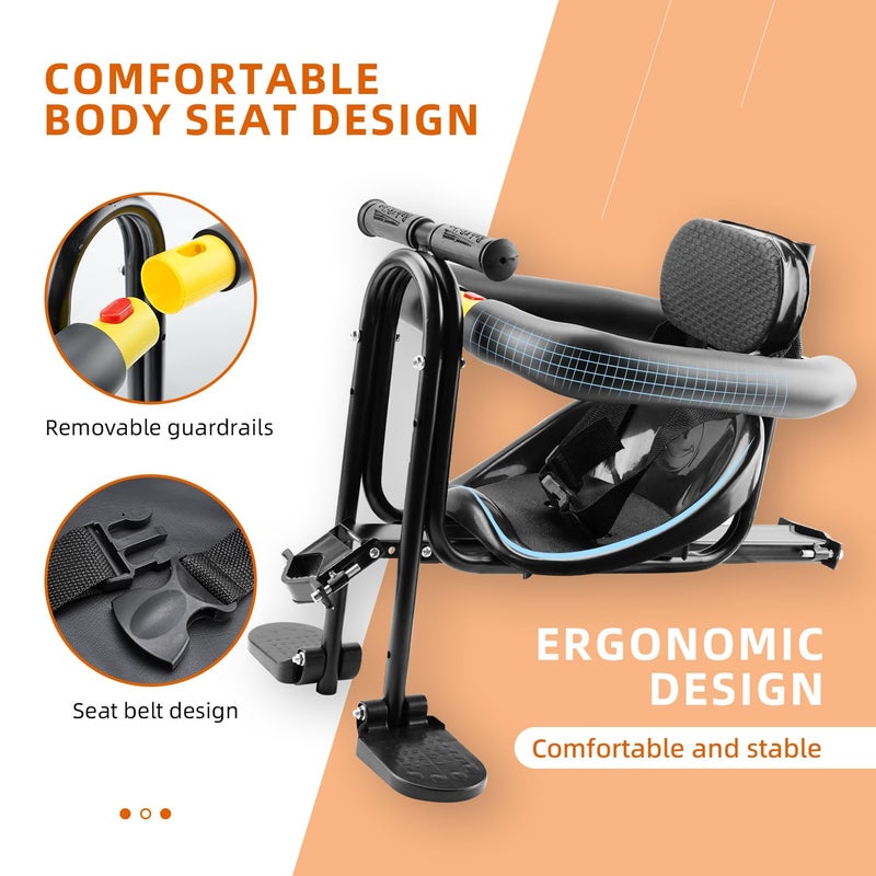 YouTeMei Child Bike Seat, Front Mount Bike Seat for Mountain Bike, Kid Bike Carrier with Handrail Seat Belt and Pedal,PVC Hard Seat - Image 3