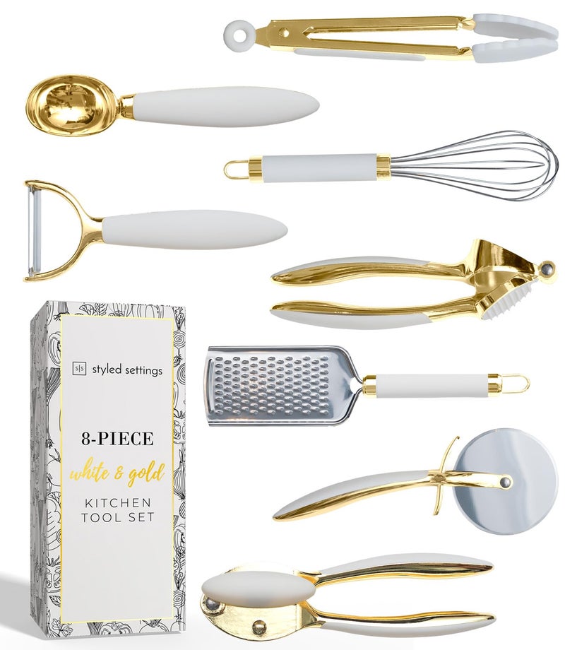styled settings White & Gold Cooking Utensils Set - Luxe 8-Piece Kitchen Gadget Set Includes Can Opener, Tongs and Garlic Press - Stylish White and Gold Kitchen Accessories for Modern Kitchens, Ideal for Gifting - Image 1