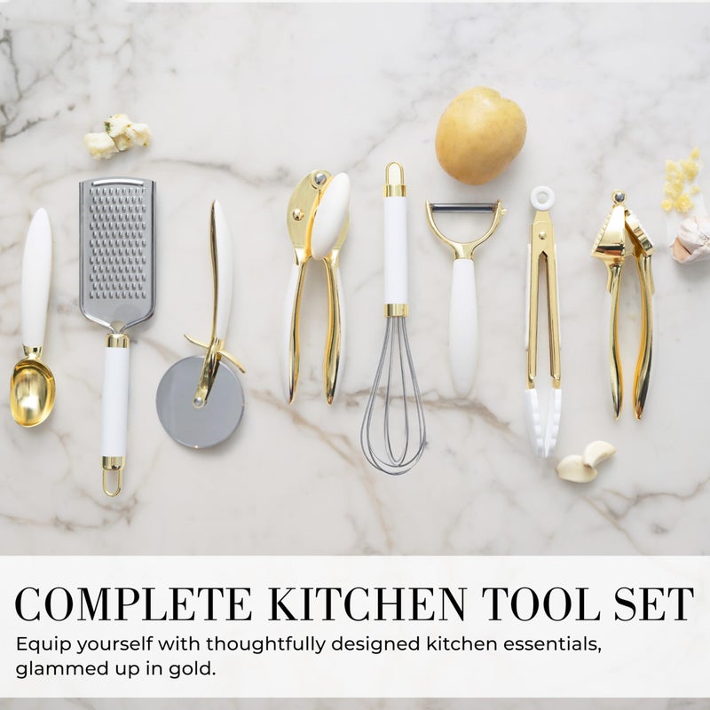 styled settings White & Gold Cooking Utensils Set - Luxe 8-Piece Kitchen Gadget Set Includes Can Opener, Tongs and Garlic Press - Stylish White and Gold Kitchen Accessories for Modern Kitchens, Ideal for Gifting - Image 4
