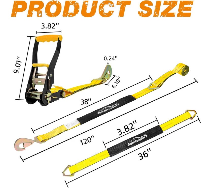 Autofonder Heavy Duty Adjustable Car Tie Down Kit with Snap Hooks -Break Strength 10,000 lbs-Working Load 3333 lbs-Bonus Includes 4 Pack 36" Axle Straps with D-Ring(Yellow) - Image 4