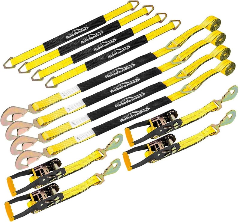 Autofonder Heavy Duty Adjustable Car Tie Down Kit with Snap Hooks -Break Strength 10,000 lbs-Working Load 3333 lbs-Bonus Includes 4 Pack 36" Axle Straps with D-Ring(Yellow) - Image 1