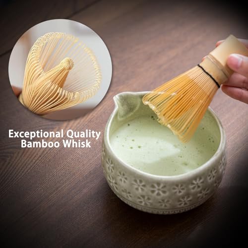 Buucup Matcha Whisk Set, Ceramic Matcha Kit Set Includes Matcha Bowl, Matcha Whisk and Holder, Bamboo Scoop, Scoop Rest, Sifter and Tea Towel - 7 Pcs Matcha Kit for Matcha Lovers (Mottled Green) - Image 4
