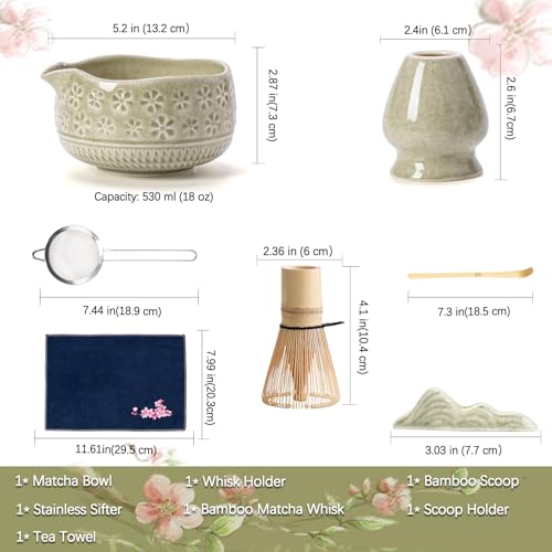 Buucup Matcha Whisk Set, Ceramic Matcha Kit Set Includes Matcha Bowl, Matcha Whisk and Holder, Bamboo Scoop, Scoop Rest, Sifter and Tea Towel - 7 Pcs Matcha Kit for Matcha Lovers (Mottled Green) - Image 5