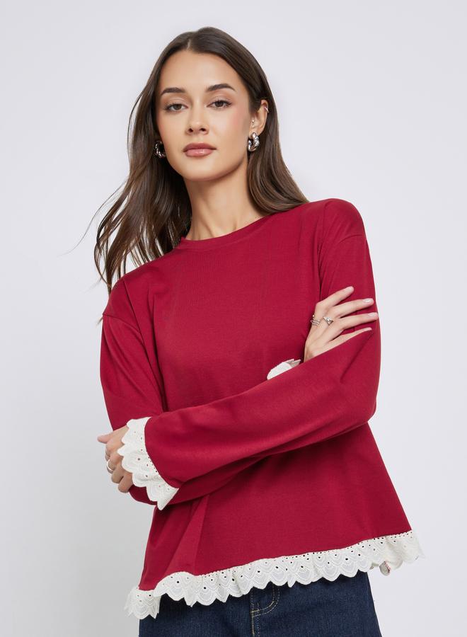 ستايلي بلوزة محبوك بلون خمري مع حافة دانتيل - Image 1