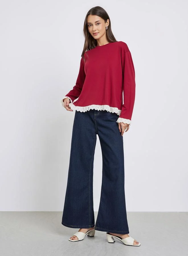 Styli Burgundy Knitted Top with Lace Trim