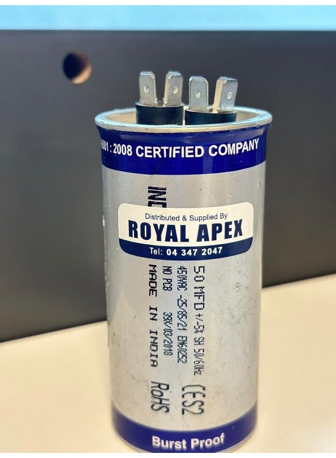 Royal Apex Burst Proof 2 Pin Round Capacitor with Aluminium Housing for AC, Motor Compressor etc | EN60252 CES2 RoHS Standards | Made in India (2 PIN 50MFD (50µF)) - Image 1