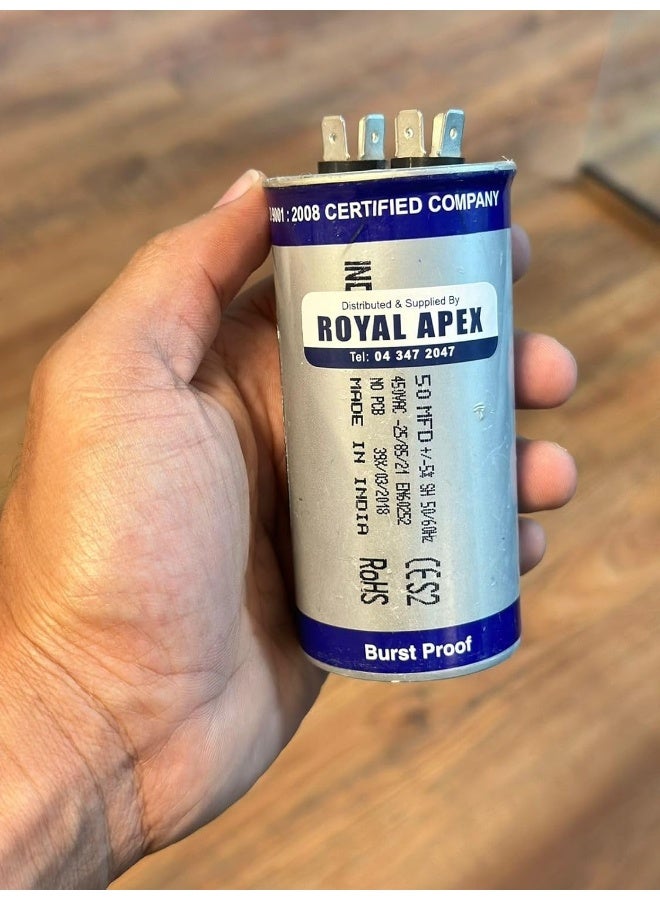 Royal Apex Burst Proof 2 Pin Round Capacitor with Aluminium Housing for AC, Motor Compressor etc | EN60252 CES2 RoHS Standards | Made in India (2 PIN 50MFD (50µF)) - Image 2