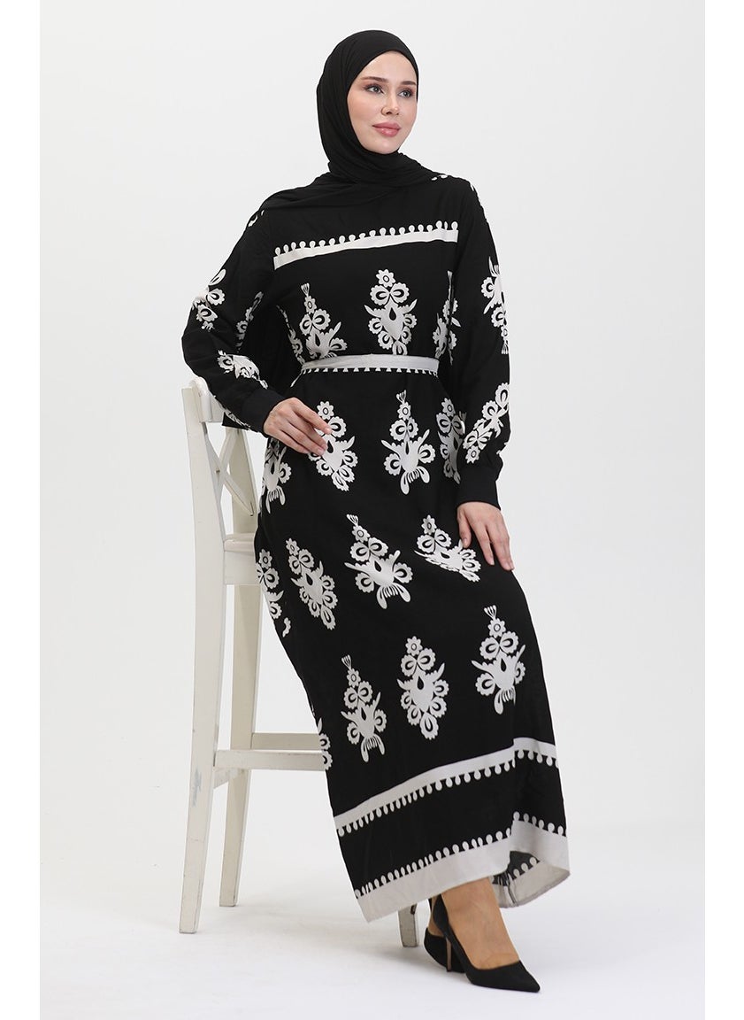Sefa Merve - Patterned Belted Viscose Dress 0443-02 Black - Image 1