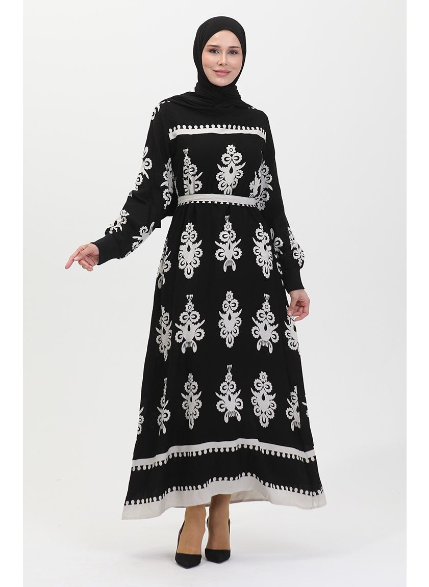 Sefa Merve - Patterned Belted Viscose Dress 0443-02 Black - Image 1