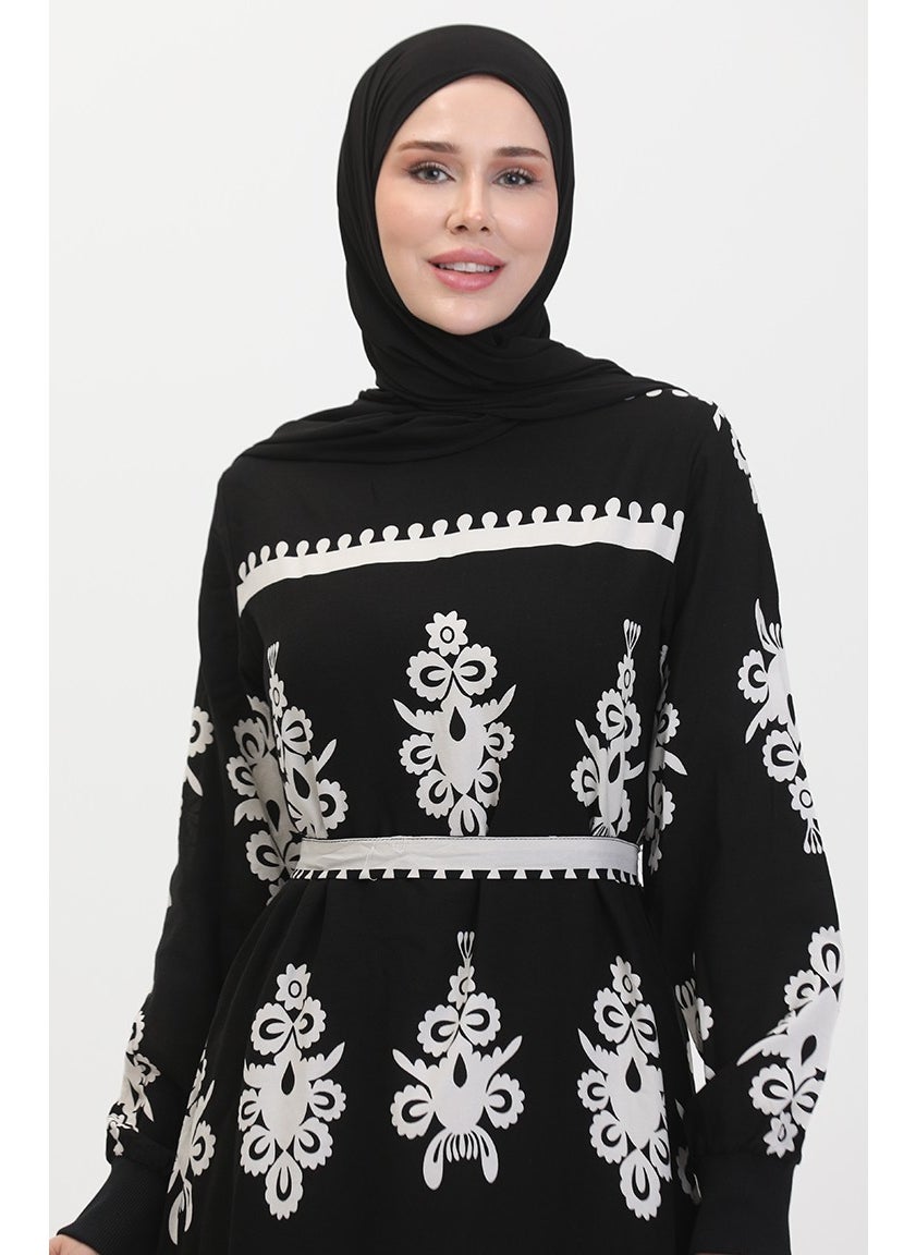 Sefa Merve - Patterned Belted Viscose Dress 0443-02 Black - Image 1