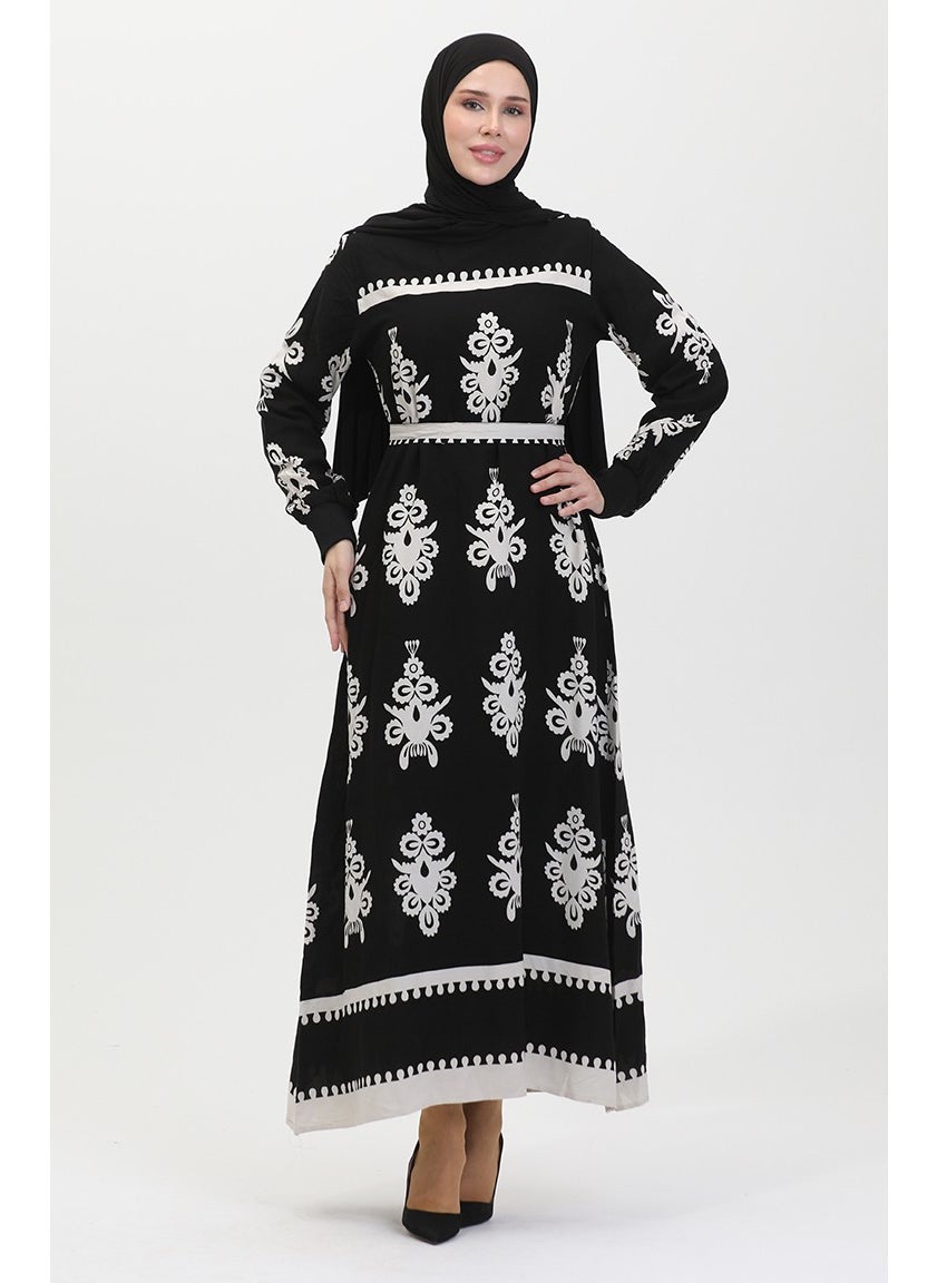 Sefa Merve - Patterned Belted Viscose Dress 0443-02 Black - Image 1