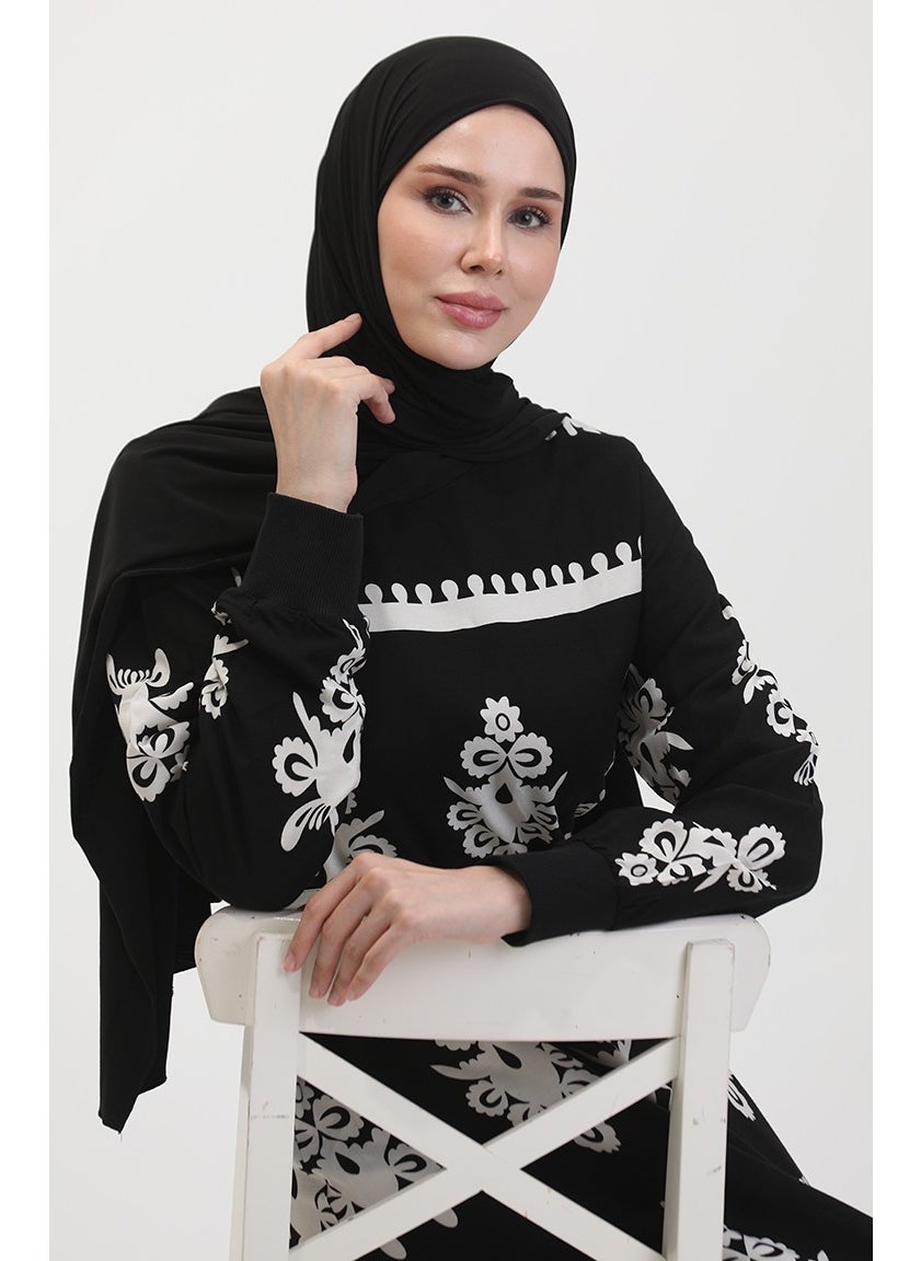 Sefa Merve - Patterned Belted Viscose Dress 0443-02 Black - Image 1