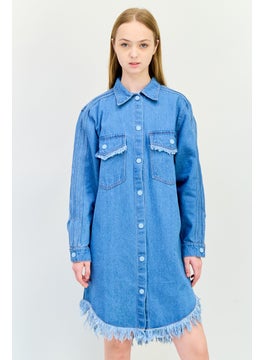 adidas Originals Women Sportswear Fit Washed Denim Outdoor Shirt Dress, Blue  - Image 1