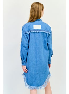 adidas Originals Women Sportswear Fit Washed Denim Outdoor Shirt Dress, Blue  - Image 4