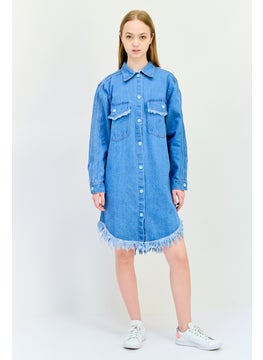adidas Originals Women Sportswear Fit Washed Denim Outdoor Shirt Dress, Blue  - Image 3