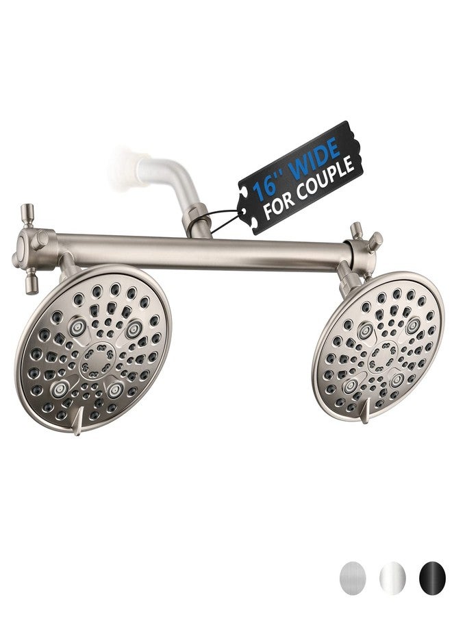 Proox Double Shower Head with Built-in Valve, High Pressure 6 Setting Dual Shower Head Design for Couple on Walk-in Bathroom or Single on Bathtub Bathroom - Brushed Nickel - Image 1
