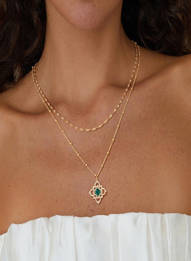 Fettero 2Pcs Layered Gold Necklace Set - 14K Gold Plated CZ Emerald Clover Pendant & Singapore Chain Choker - Women's Dainty Hypoallergenic Necklaces - Engagement, Birthday, Everyday Wear - Image 2