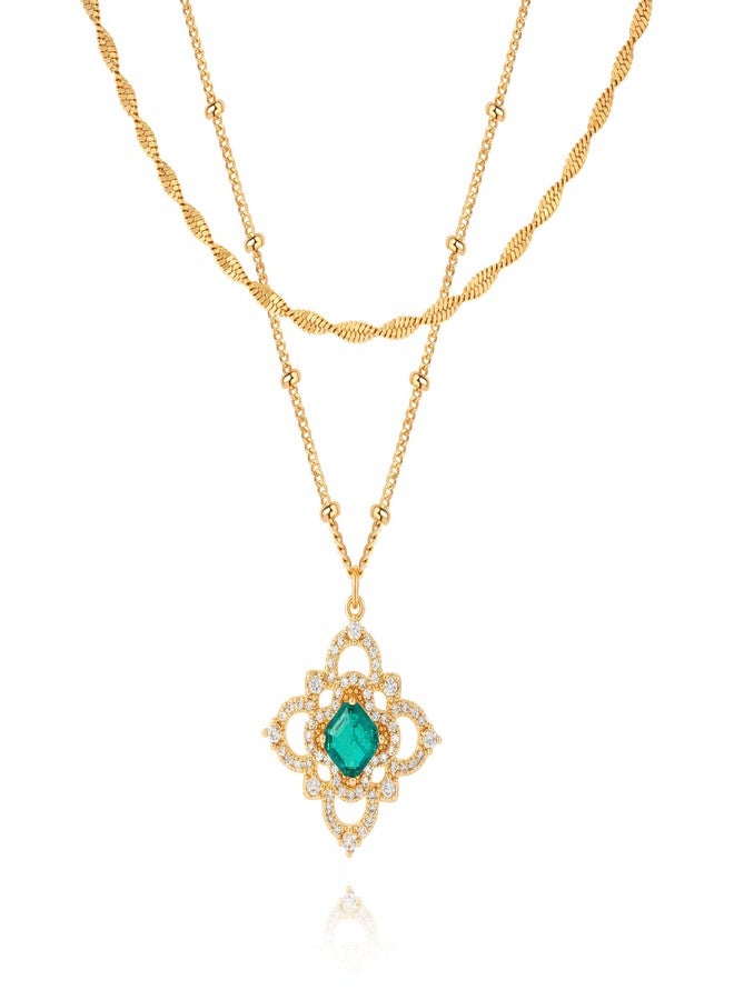 Fettero 2Pcs Layered Gold Necklace Set - 14K Gold Plated CZ Emerald Clover Pendant & Singapore Chain Choker - Women's Dainty Hypoallergenic Necklaces - Engagement, Birthday, Everyday Wear - Image 1