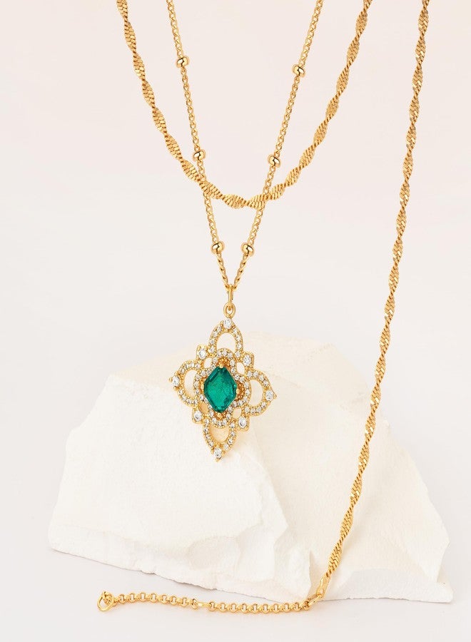 Fettero 2Pcs Layered Gold Necklace Set - 14K Gold Plated CZ Emerald Clover Pendant & Singapore Chain Choker - Women's Dainty Hypoallergenic Necklaces - Engagement, Birthday, Everyday Wear - Image 4