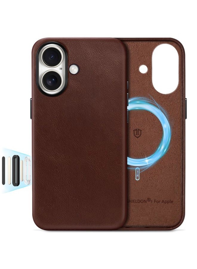 SHIELDON Genuine Leather Case for iPhone 17 6.3-inch, Magnetic Wireless Charging, Soft Lining, Slim Fit, Metal Buttons, Non-Slip, Anti-Scratch, Shockproof Cover - Retro Coffee - Image 1