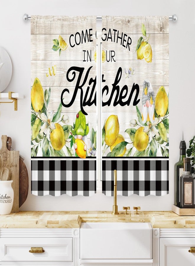 MESHELLY Farmhouse Lemon Kitchen Curtains 27.5Wx39H Inch Rod Pocket Rustic Wooden Gnome Buffalo Plaid Bedroom Window Drapes Country Yellow Fruit Printed Living Room Window Treatment Fabric 2 Panels - Image 1