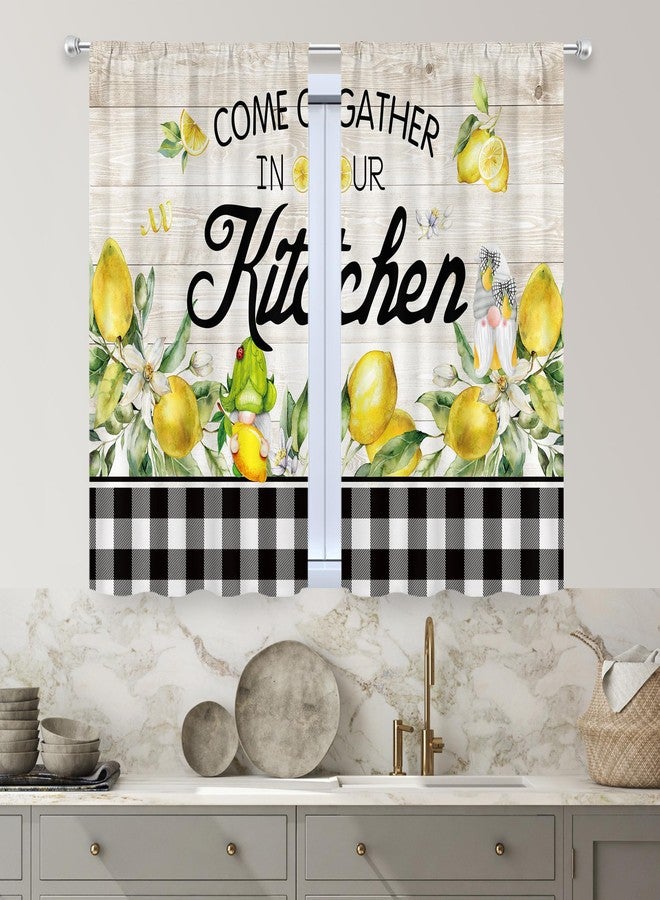 MESHELLY Farmhouse Lemon Kitchen Curtains 27.5Wx39H Inch Rod Pocket Rustic Wooden Gnome Buffalo Plaid Bedroom Window Drapes Country Yellow Fruit Printed Living Room Window Treatment Fabric 2 Panels - Image 2