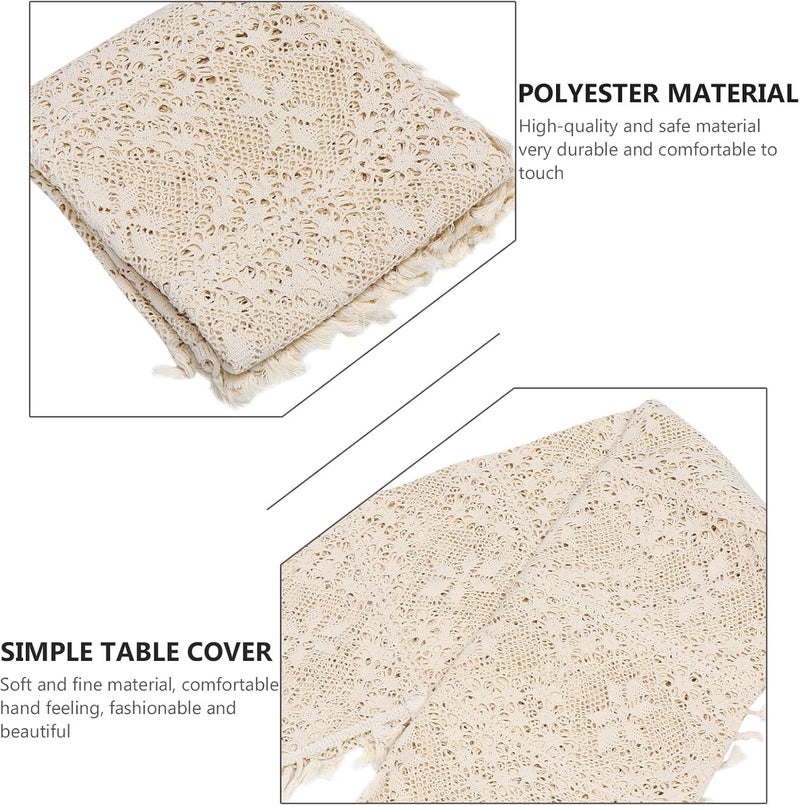 Rustic Style Knitted Hollow Cotton Tablecloth with Tassels 100x140cm, Decorative Beige Pastoral Table Cover for Dining and Piano Use - Image 3