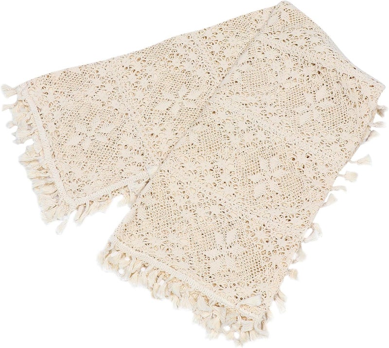 Rustic Style Knitted Hollow Cotton Tablecloth with Tassels 100x140cm, Decorative Beige Pastoral Table Cover for Dining and Piano Use - Image 1