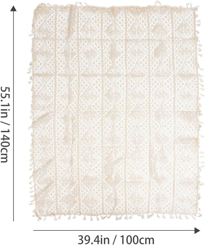 Rustic Style Knitted Hollow Cotton Tablecloth with Tassels 100x140cm, Decorative Beige Pastoral Table Cover for Dining and Piano Use - Image 2