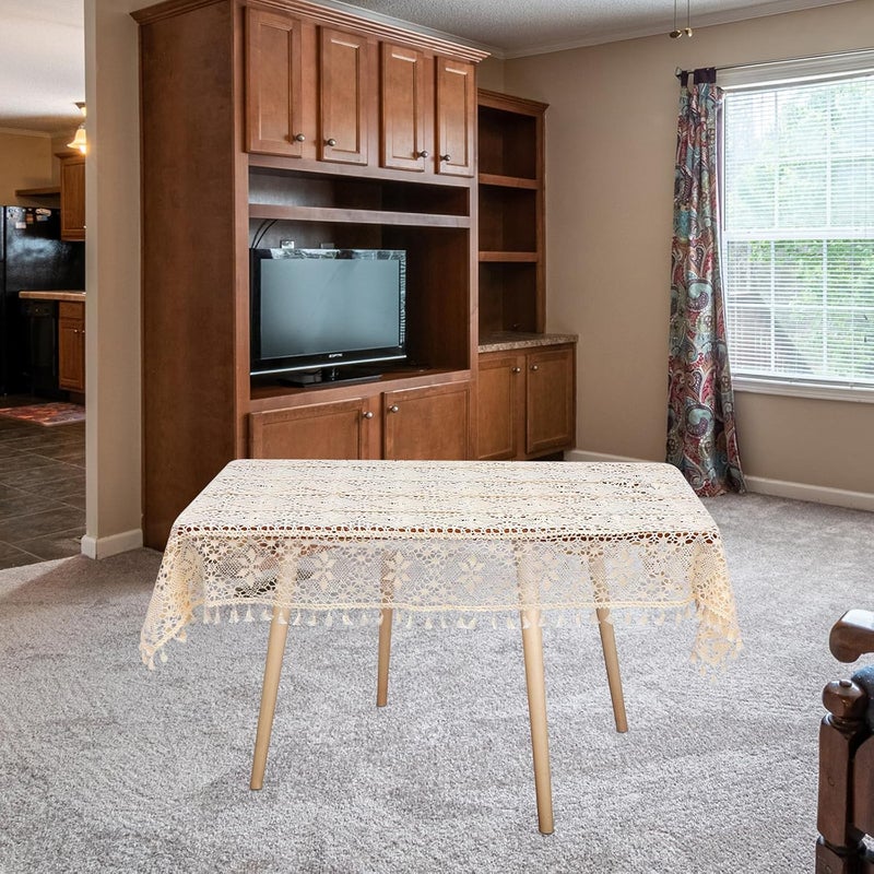 Rustic Style Knitted Hollow Cotton Tablecloth with Tassels 100x140cm, Decorative Beige Pastoral Table Cover for Dining and Piano Use - Image 5