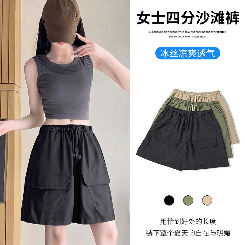 New Women''s Shorts 2025 Summer Thin Casual Versatile Quarter Pants with Large Pockets for Beach Sports - Image 2