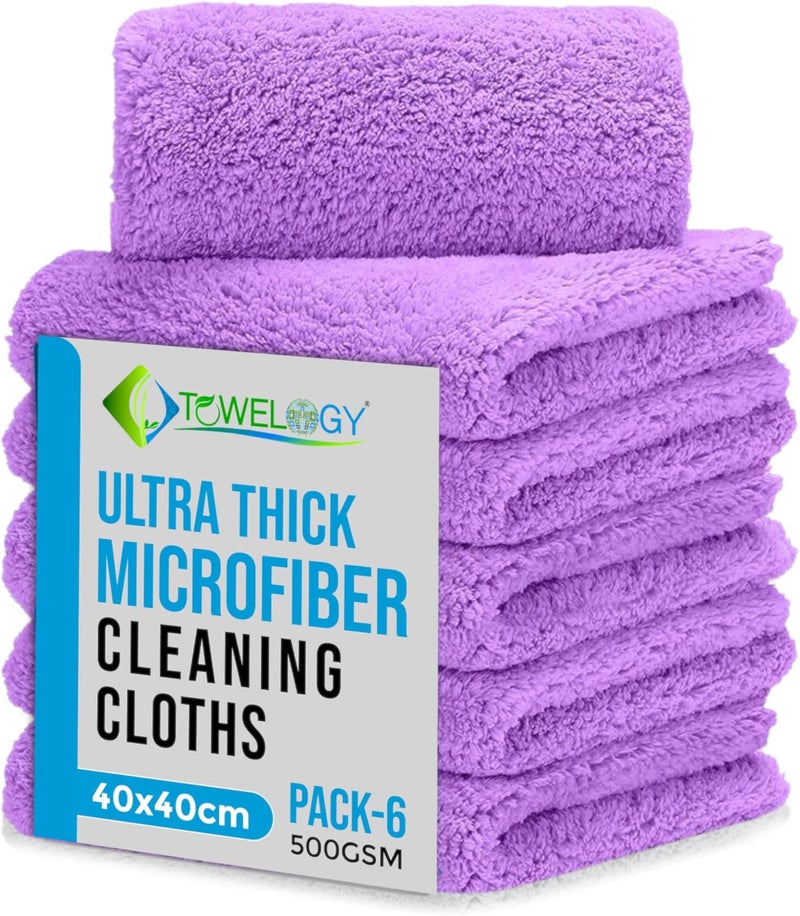 Towelogy Ultra Thick Microfibre Cleaning Cloths - 500GSM, 40x40cm, Pack of 6, Purple - Image 1