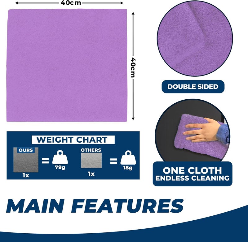Towelogy Ultra Thick Microfibre Cleaning Cloths - 500GSM, 40x40cm, Pack of 6, Purple - Image 2