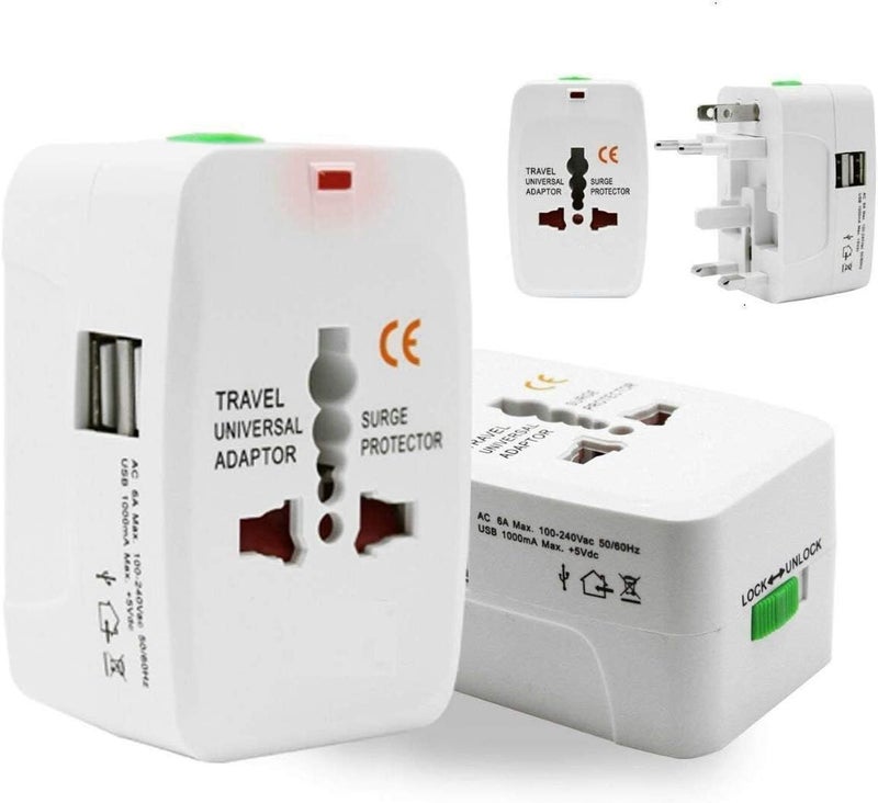 DS ENTERPRISE All in One Universal Adapter Dual USB Charger Ports MultiPlug with LED Indicator SurgeSpike Protector Power Charger Plug with for Compatible Smart Phone Mobile Laptop Camera Tablet More - Image 1