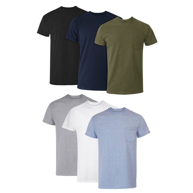 Hanes Men's T-Shirt, Moisture-Wicking Cotton Crewneck Pocket Tees, 6-Pack, Grey Heather, Black, Hiker Green Heather, White, Navy, Blue Heather - Image 1