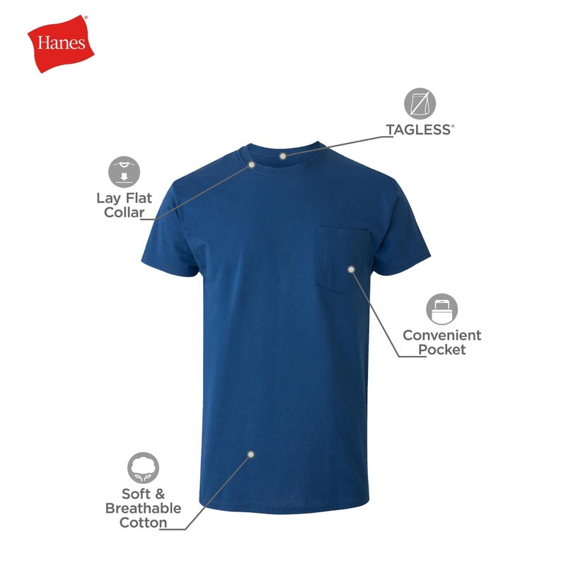 Hanes Men's T-Shirt, Moisture-Wicking Cotton Crewneck Pocket Tees, 6-Pack, Grey Heather, Black, Hiker Green Heather, White, Navy, Blue Heather - Image 4