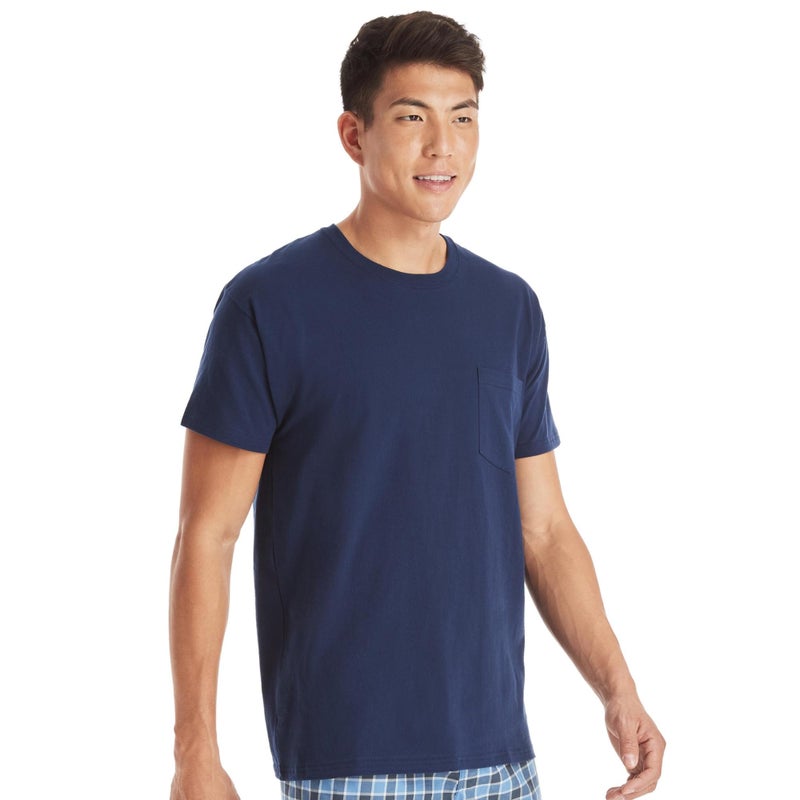 Hanes Men's T-Shirt, Moisture-Wicking Cotton Crewneck Pocket Tees, 6-Pack, Grey Heather, Black, Hiker Green Heather, White, Navy, Blue Heather - Image 2