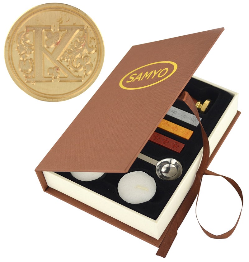Samyo Wax Seal Stamp Kit Retro Creative Sealing Wax Stamp Maker Gift Box Set Brass Color Head with Vintage Classic Alphabet Initial Letter K