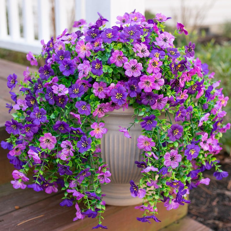 HyeFlora Artificial Flowers for Outdoors Decoration 2Pcs Dark Purple and Purple Fake Hanging Flowers UV  Fading Resistant Faux Decor for Porch Patio Balcony Planter