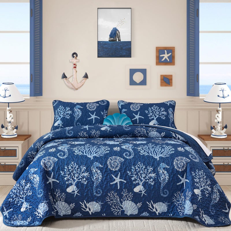 Djoymock Coastal King Size Quilt Set 3 Pcs, Summer Blue Beach Theme Quilts with Pillowcases Reversible Microfiber Ocean Bedding Set Nautical Bedspreads Coverlet Lightweight Comforter for All Season - Image 1
