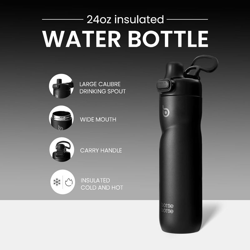 BOTTLE BOTTLE Insulated Water Bottle 24 oz with Handle and Flip Top Lid - Leak Proof and Portable for Travel and Sports - Black - Image 3