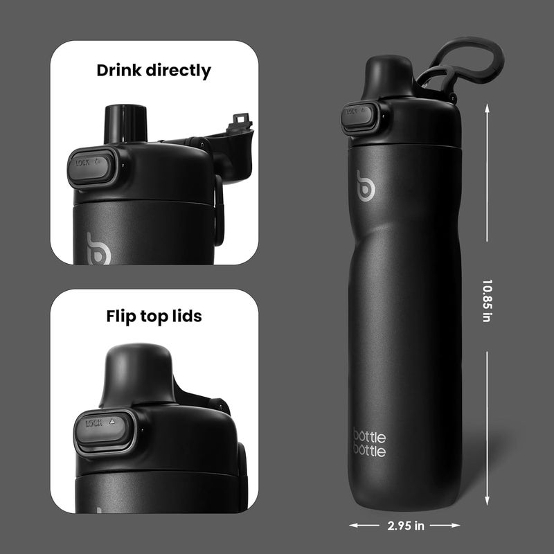 BOTTLE BOTTLE Insulated Water Bottle 24 oz with Handle and Flip Top Lid - Leak Proof and Portable for Travel and Sports - Black - Image 4