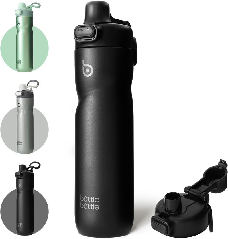 BOTTLE BOTTLE Insulated Water Bottle 24 oz with Handle and Flip Top Lid - Leak Proof and Portable for Travel and Sports - Black - Image 1
