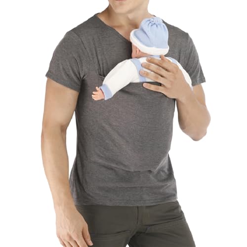 amropi Men's Baby Carrier Soothe V Neck Short Sleeve Kangaroo T Shirt (Grey,5XL) - Image 2