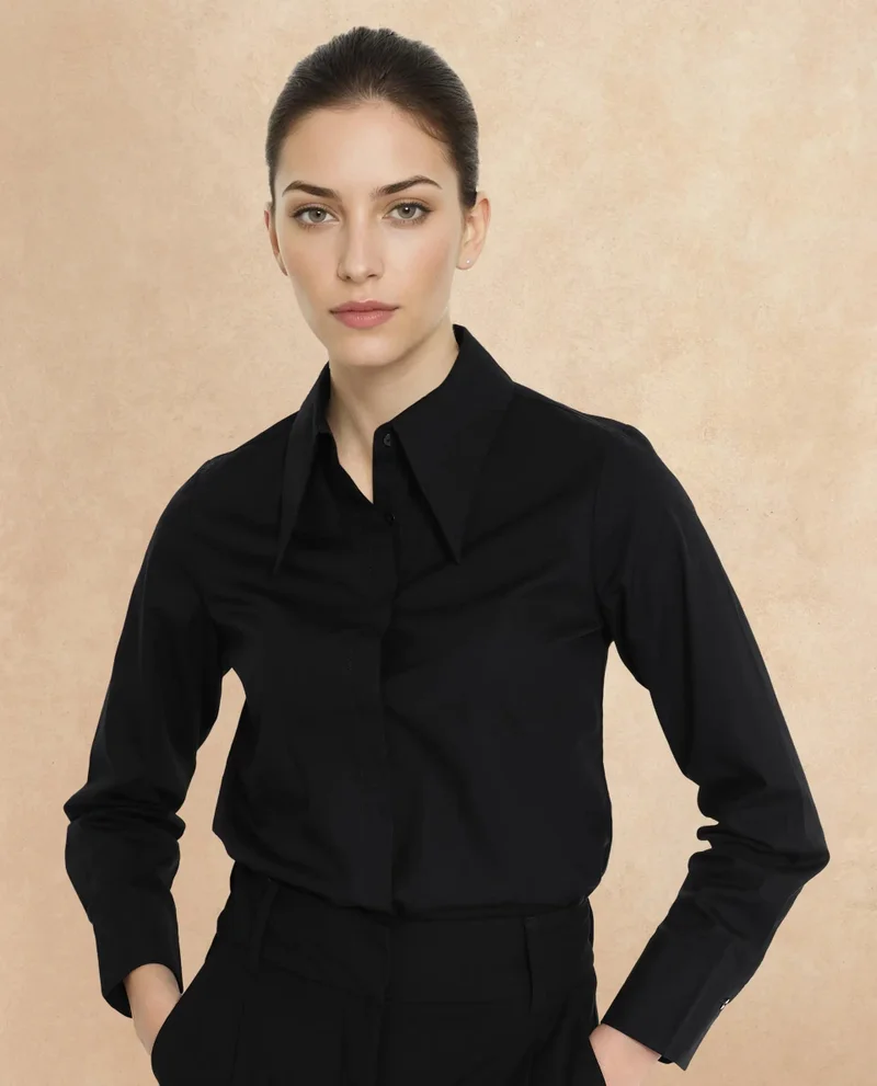 Rareism Rareism Women Ceos Black Cuffed Sleeve Collared Neck Plain Shirt