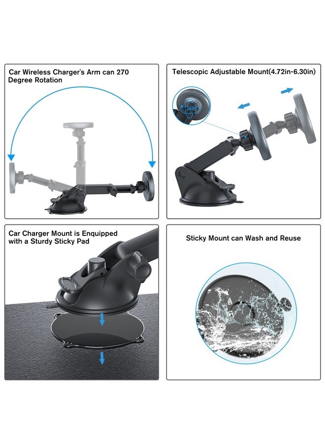 MAGJIEYX Magnetic Wireless Car Charger Fast Charging for Magsafe Car Mount iPhone14, 13, 12, Pro, Pro Max, Mini,2-in-1 Air Vent/Dashboard/Windshield Auto-Alignment Phone Holder（Aluminum Shell Heat Dissipation）