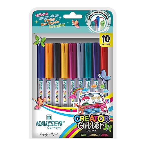 Hauser Germany Creator Glitter Gel Pen|Comfortable Grip For Smooth Writing|Extra Sparkles & Non-Toxic|Ideal For Tatto Making,Heena Drawing,Cards Coloring|10 Vibrant Colours,Pack Of 1-Multicolor - Image 2