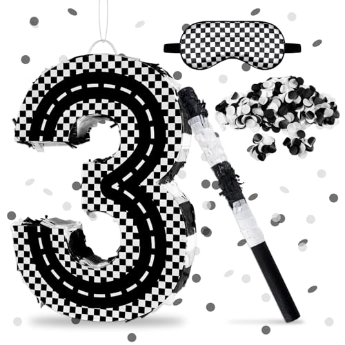 Lcoor Racing Cars Themed Birthday Decorations Racing Cars Themed Number 3 Pinata with Stick Blindfold and Confetti Racing Cars Themed Piata 3rd Birthday Party Decoration Supplies Racing Cars 3 pinata - Image 1